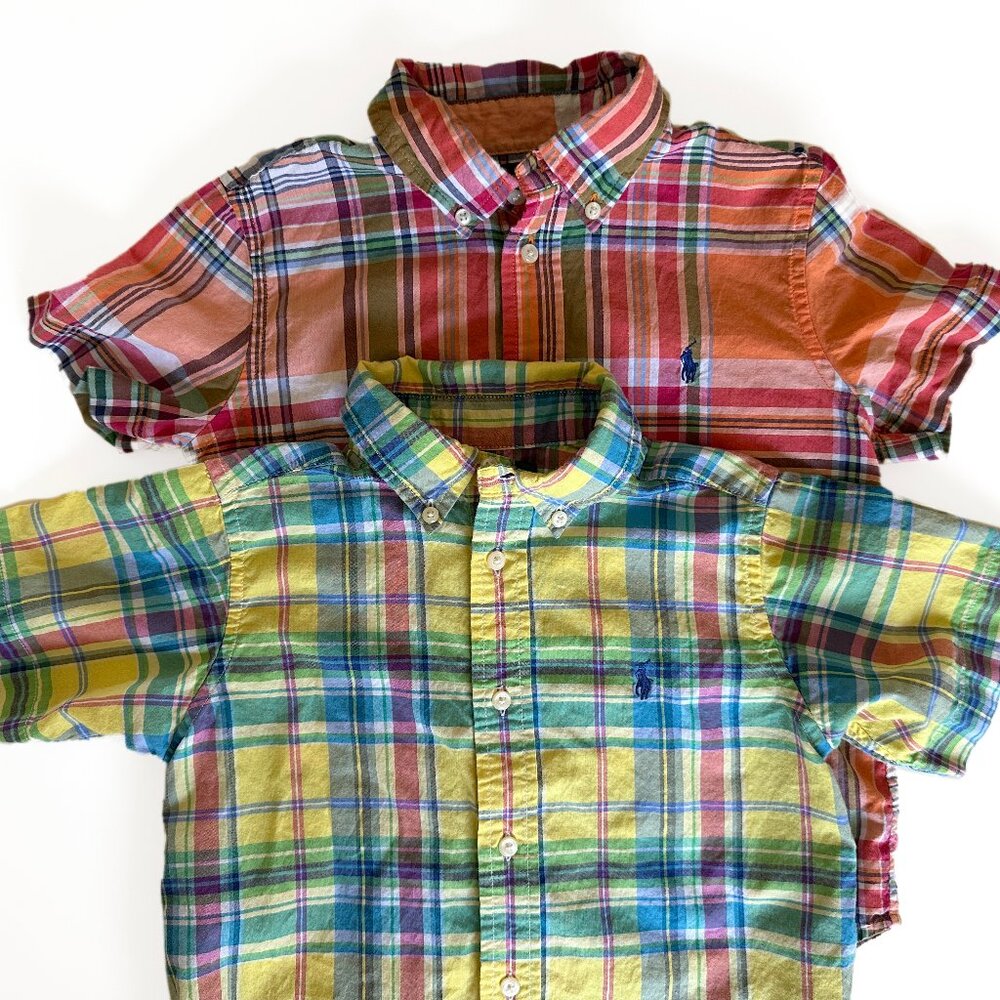 Two RALPH LAUREN Boys Plaid Shirts Button Down Short Sleeve Size 4/4T & 5 Logo